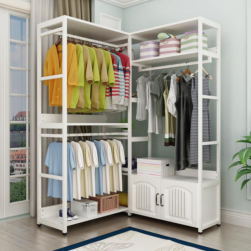 简易衣帽架钢木组合衣柜开放式金属衣架卧室铁艺衣帽间转角挂衣架