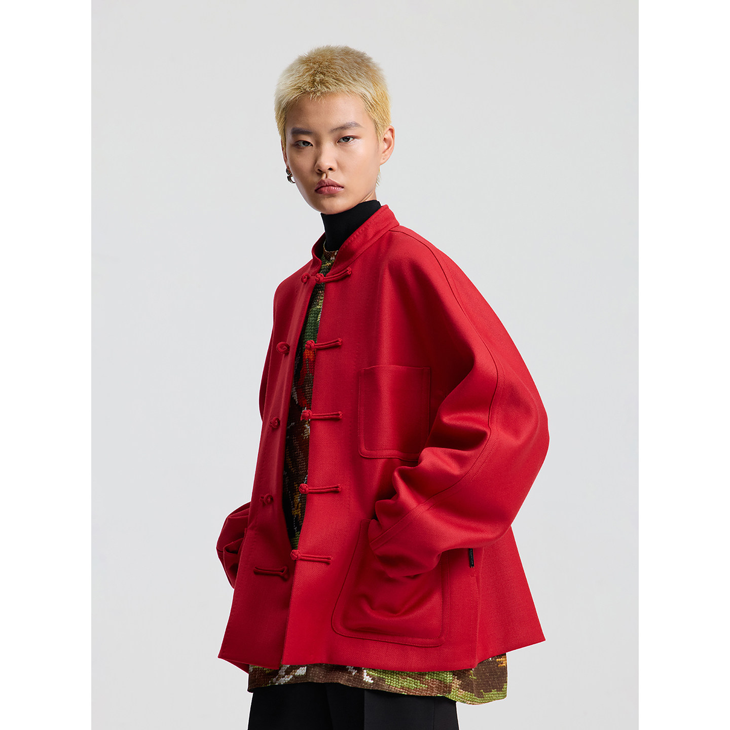 IANHYLTON红色羊毛混纺中式夹克