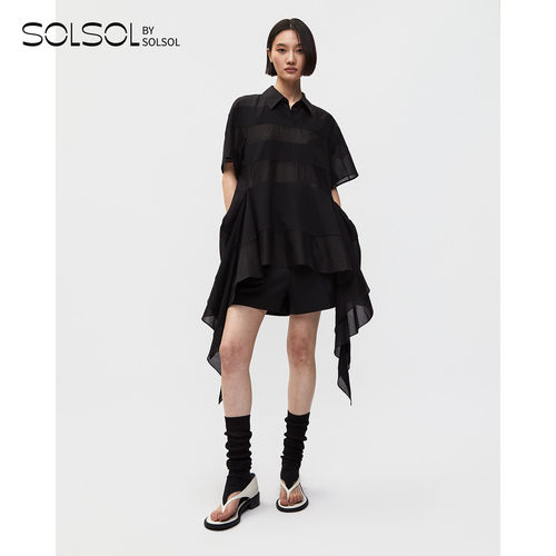 YCH休闲纯色垂褶下摆上衣