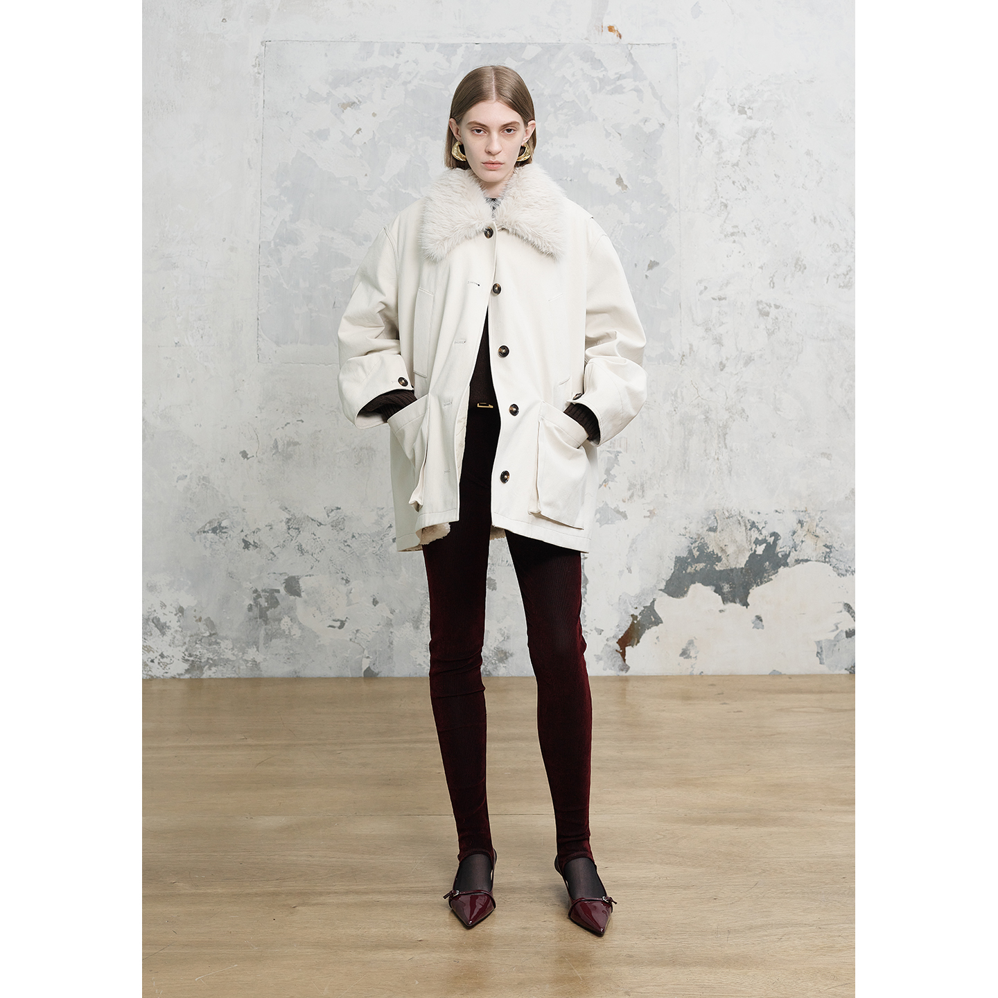 YCH秋冬纯色保暖毛领工装外套女