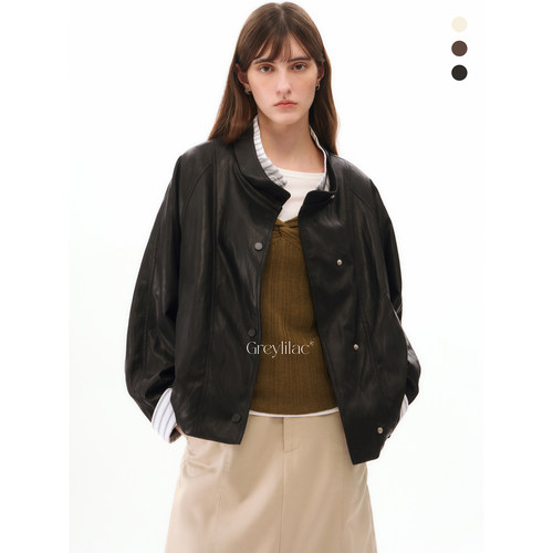 Greylilac 美式复古立领皮衣女宽松廓形短外套黑色百搭夹克