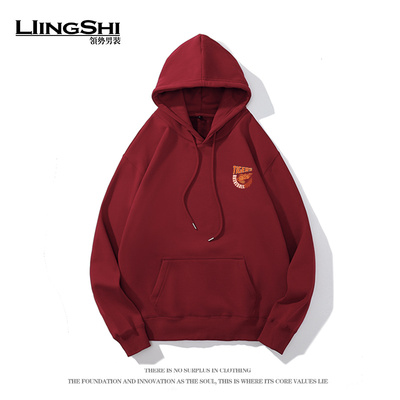 卫衣男款秋冬新款加绒加厚酒红色连帽外套美式休闲简约青少年衣服