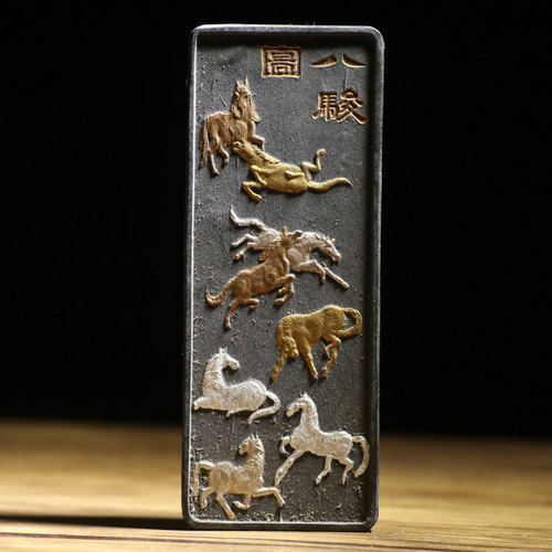 老松烟80年胡开文老墨厂八骏图细节品相好书法书画文房墨条收藏