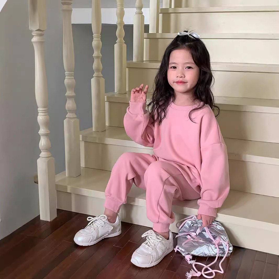 ins韩版卫衣长裤纯色男女宝宝百搭套装长袖长裤春秋款休闲运动服