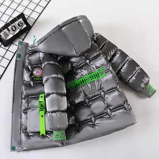 免洗男童棉服2024新款亮面男孩加绒棉袄中长款加厚儿童羽绒棉衣潮