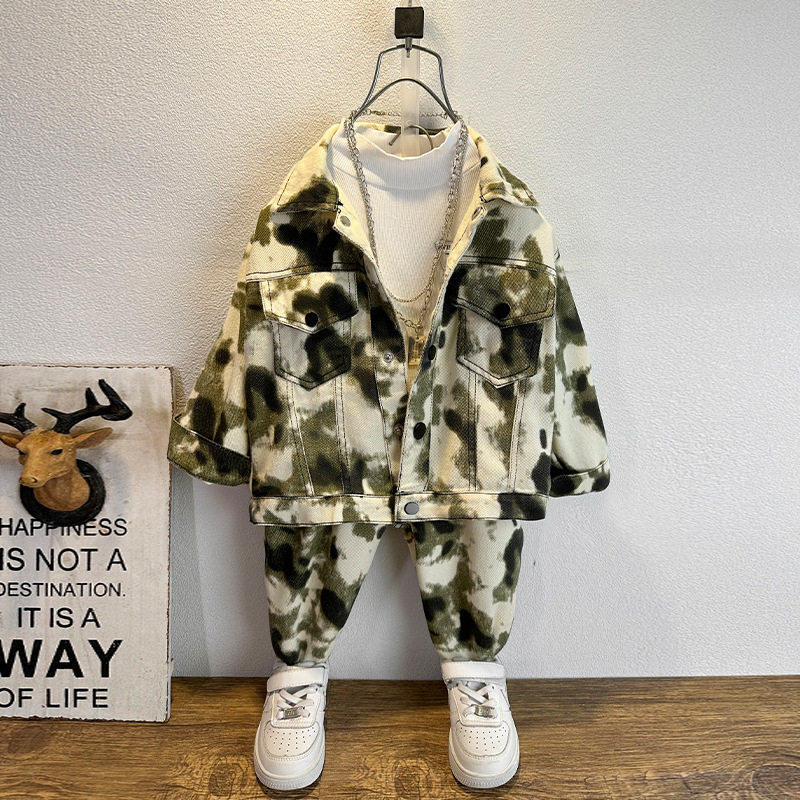 男童迷彩工装套装春秋款2024新款韩版潮儿童衣服小男孩春季