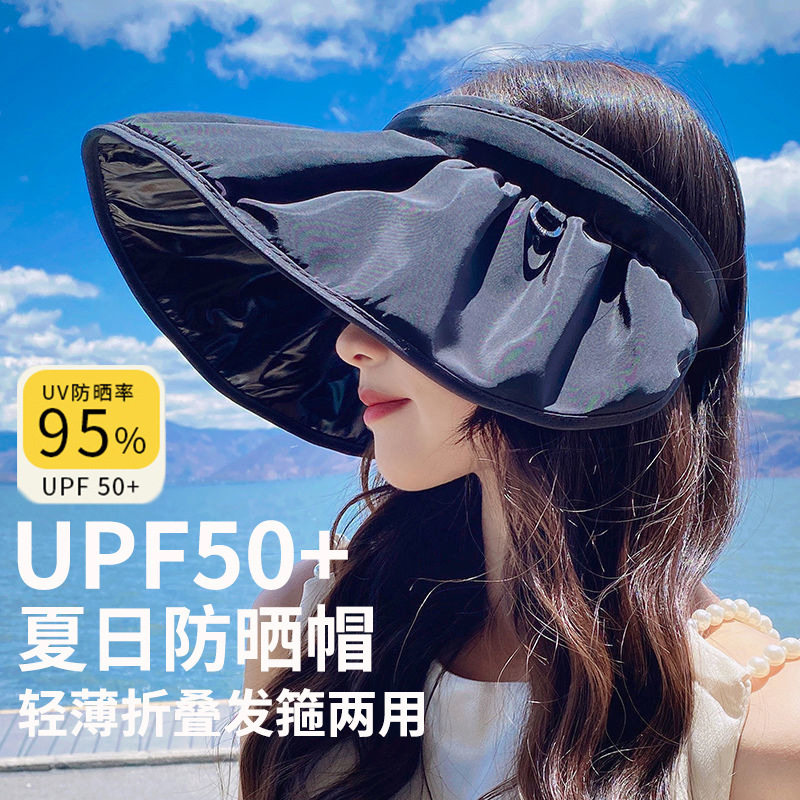 黑胶贝壳帽子女夏防晒遮阳帽可折叠大沿遮脸防紫外线沙发箍空顶帽