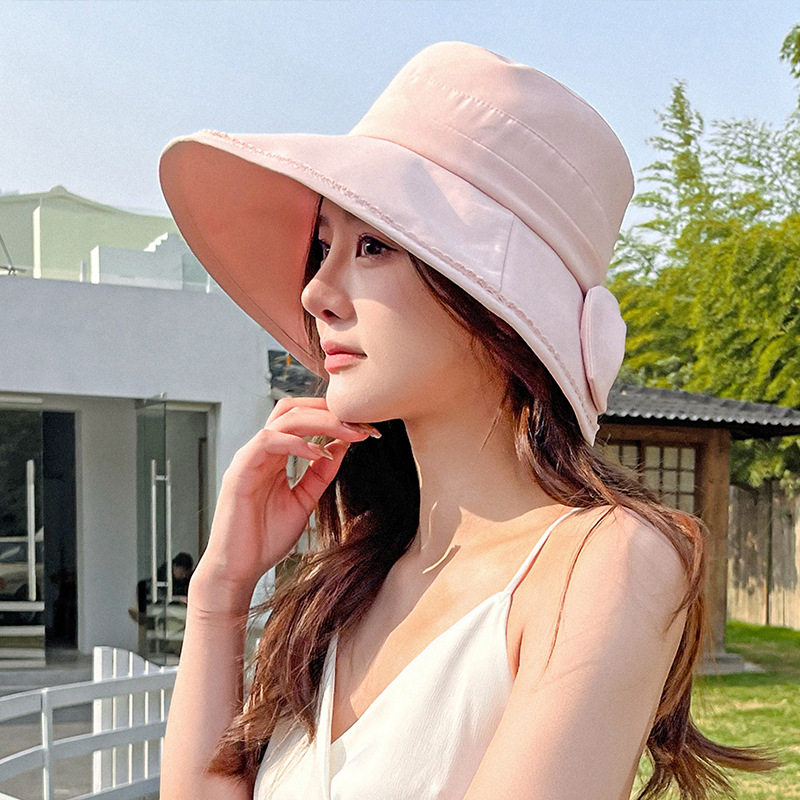 新款春夏季女蝴蝶结布帽子简约休闲渔夫帽遮阳透气盆帽显脸小