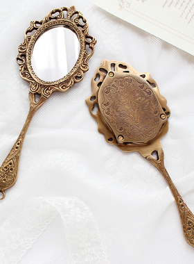复古黄铜镜子浪漫法式宫廷装饰摆件手持婚礼陪嫁新娘化妆镜子道具