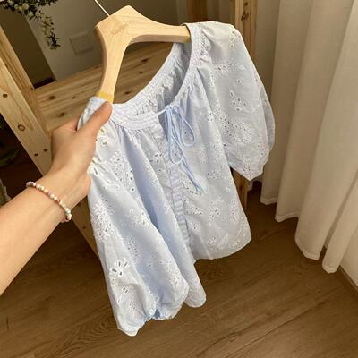 小文姐 W1374-韩系春夏拼接镂空中古复古扣子衬衫系带刺绣衬衫女