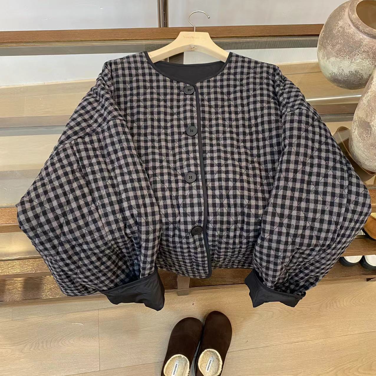 小文姐W0680-韩系文艺复古格子夹棉短外套女气质显瘦上衣