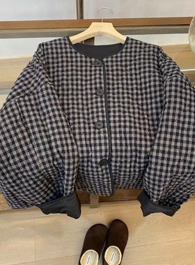 小文姐W0680-韩系文艺复古格子夹棉短外套女气质显瘦上衣