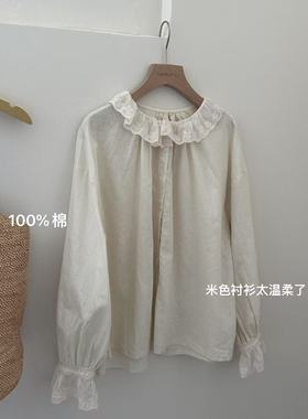 小文姐W1089-小清新荷叶袖上衣法式蕾丝拼接时尚休闲减龄衬衫