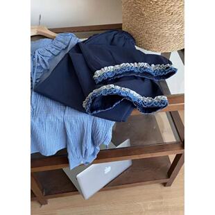 小文姐 W1171-春夏时尚百搭软fufu直筒高腰阔腿花边设计休闲裤女