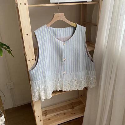 小文姐 W1253-文艺清新复古拼接花边塞条纹马甲背心宽松叠穿上衣