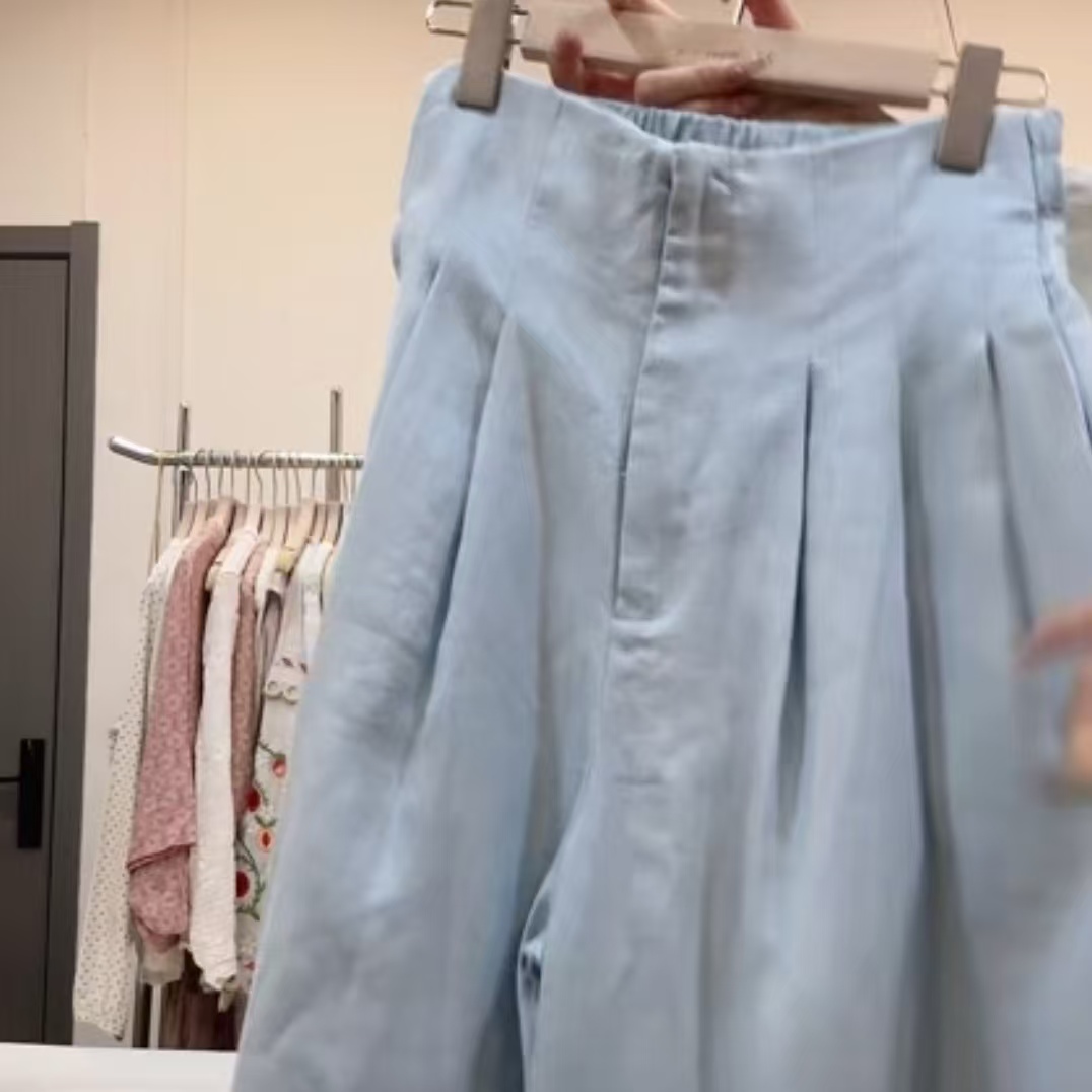 小文姐 W1565-夏季设计感拼接休闲裤女高腰宽松直筒阔腿裤