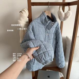 小文姐 W2303-经典蓝色格子保暖棉服韩系宽松休闲上衣女款短外套