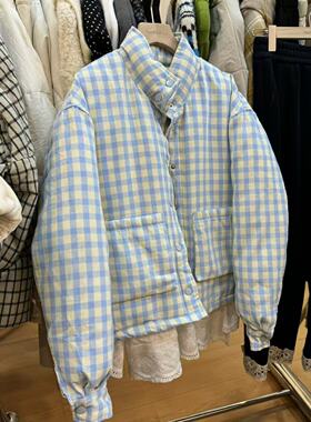 小文姐 W0979-韩系立领棉服冬季小个子甜美加厚格子外套面包服