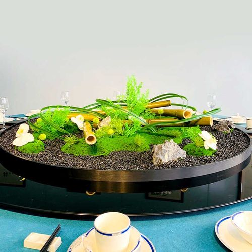 酒店大圆桌中间转盘花艺摆件新中式创意摆花会所餐桌装饰造景装饰