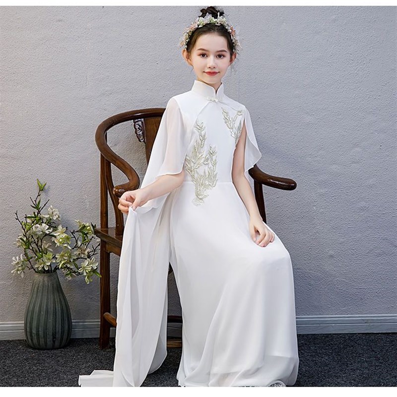 女童古筝白色演出服飘逸汉服儿童合唱中国风演奏朗诵比赛表演服新