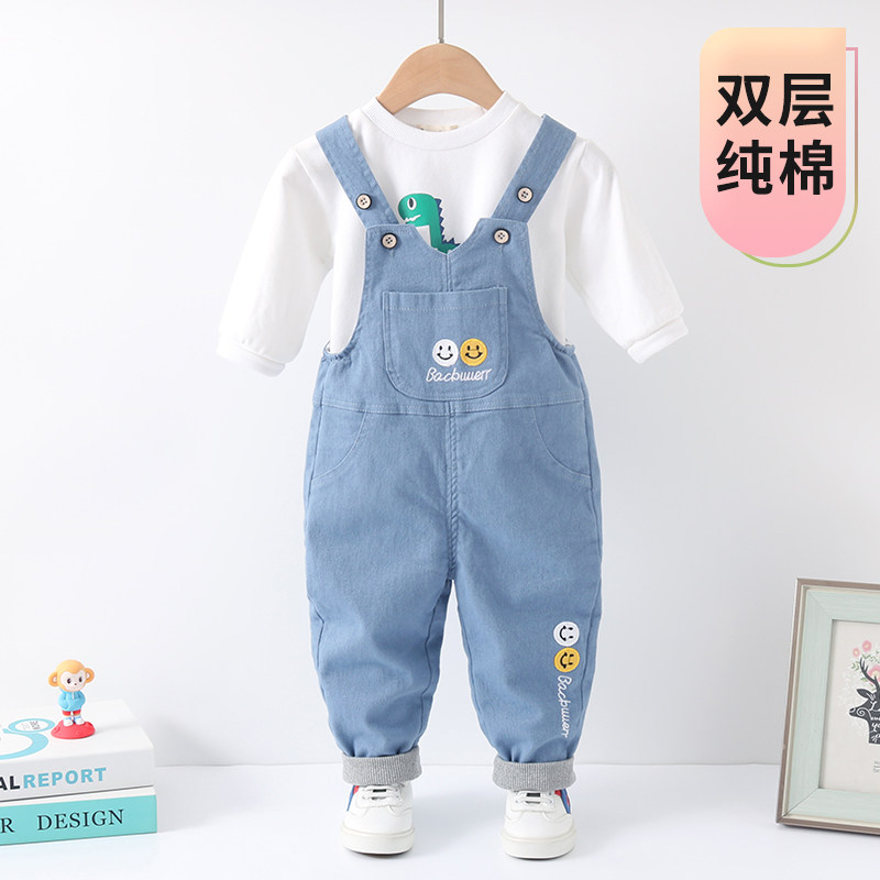 宝宝背带裤春秋新款双层纯棉1岁男童洋气2岁小童儿童早春婴儿裤子