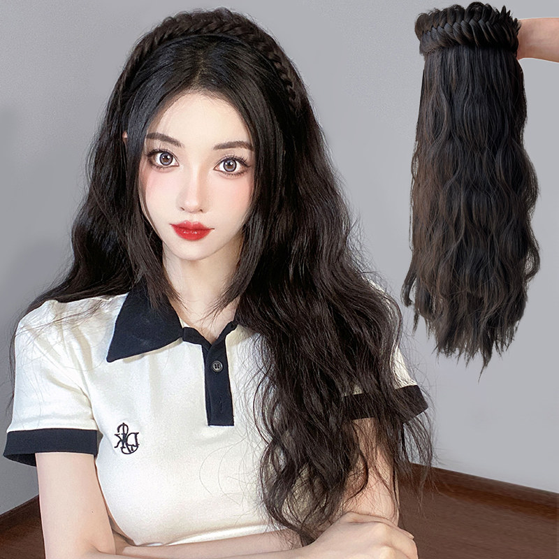 可拆卸鱼骨辫发箍假发女半头套玉米烫水波纹自然无痕长卷发遮白发