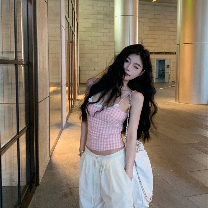 美式短款粉色格子吊带小背心女夏季新款无袖修身内搭外穿甜辣上衣,女装/女士精品,背心吊带,淘宝优惠券,粉丝福利购,淘宝优惠卷