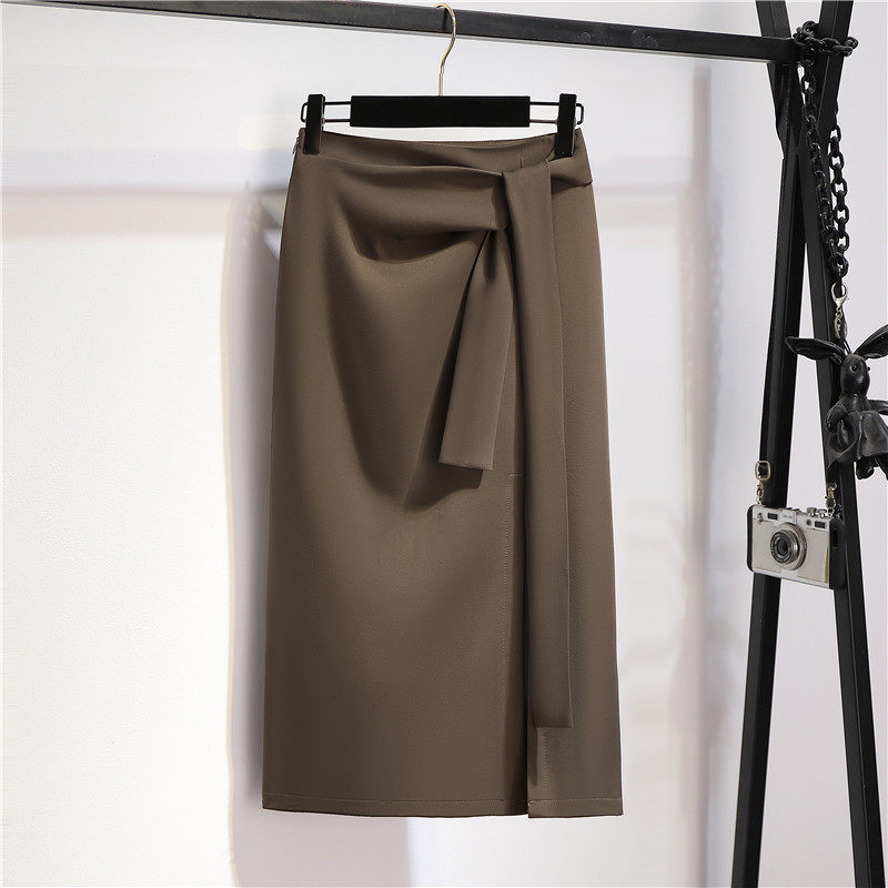 高级感开叉西装半身裙女早秋中长款绑带高腰垂感a字包臀一步裙子