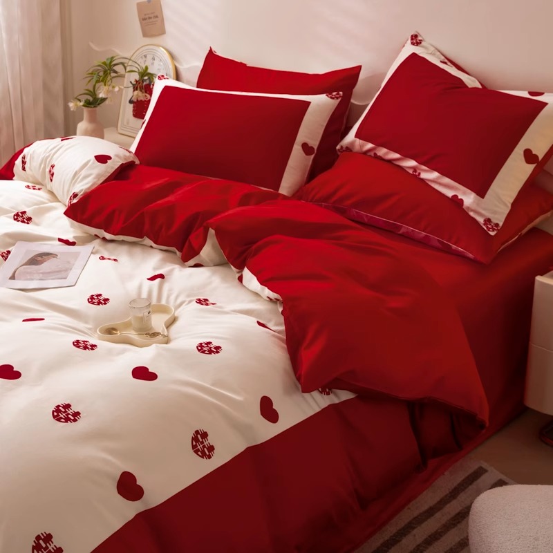 简约爱心结婚四件套大红色床单被套全棉纯棉高档婚庆床上用品婚房