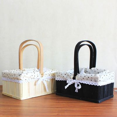 创意木质花篮收纳筐置物篮手提编织篮藤编插花摆件花器客厅装饰