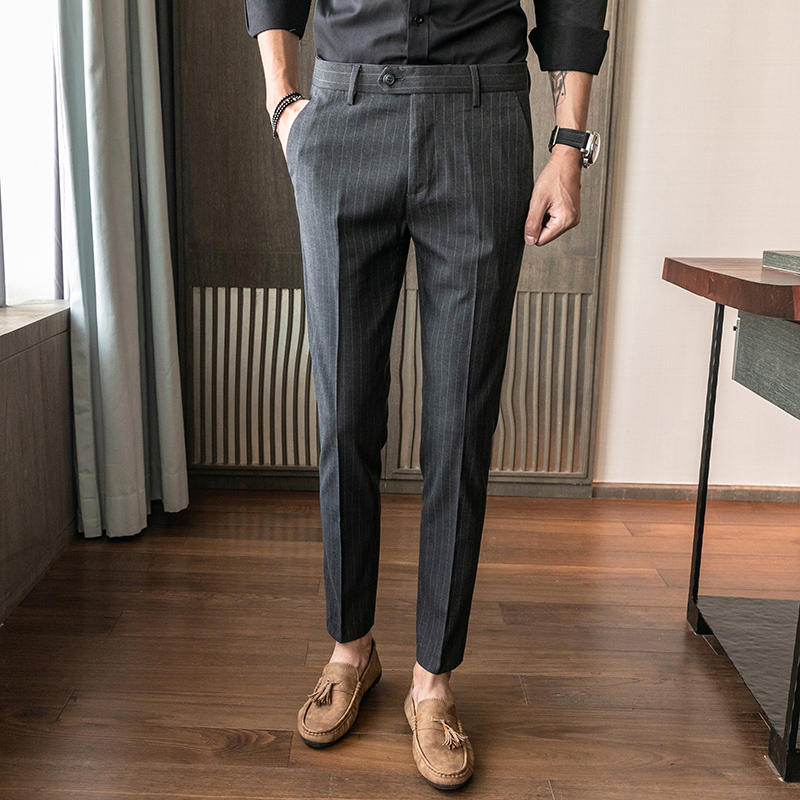 2023新款秋冬季男士休闲商务西装裤毛呢料修身条纹加绒小脚九分裤