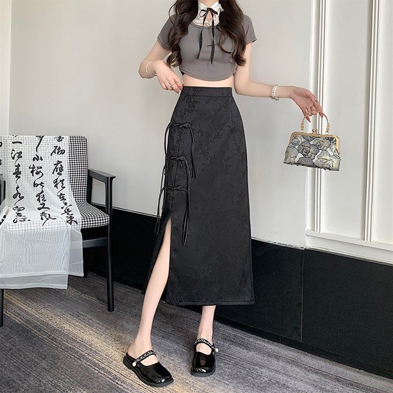 大码新中式国风半身裙女新款夏季提花黑色长款高腰盘扣开叉a字裙,女装/女士精品,半身裙,淘宝优惠券,粉丝福利购,淘宝优惠卷