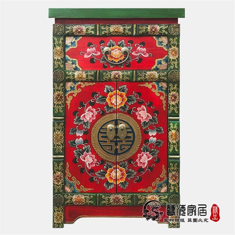 环保家具中式彩绘床头柜实木卧室储物柜竹节柜沙发床边柜五彩鞋柜