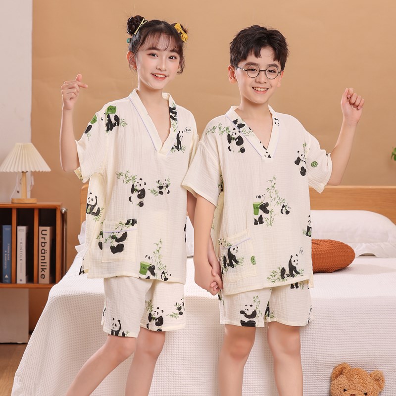 儿童纯棉汗蒸服双层纱男童女童国风可爱宝宝亲子全棉浴服家居睡衣