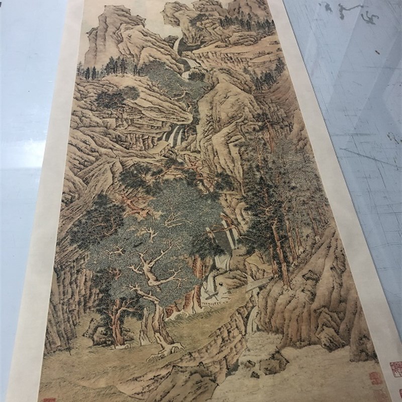 明 文征明《绝壑鸣琴图》祝允明题 高清仿古山水人物国画绢布微喷