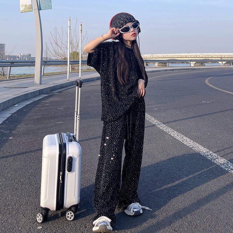 2024夏季新款童装甜酷女童修身t恤宽松阔腿长裤2件套韩国爵士套装