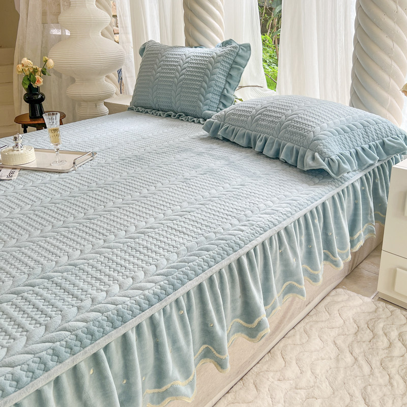 加厚牛奶珊瑚绒牀裙冬季2023新款法兰绒夹棉牀笠防滑牀单罩带裙边