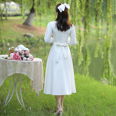 领证小白裙日常裙子登记情侣装轻婚纱订婚礼服平时可穿法式连衣裙