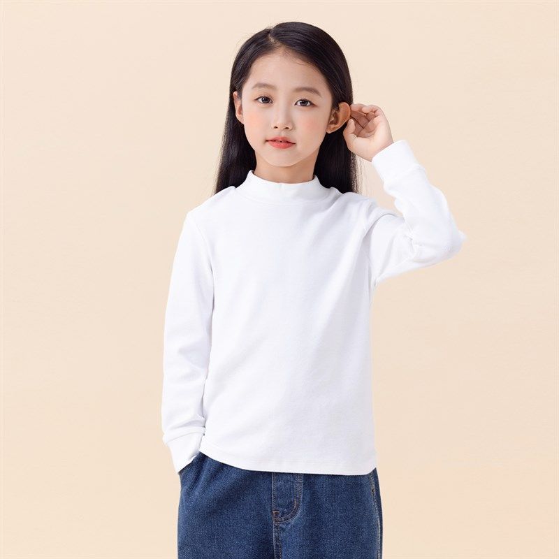 儿童加绒白色打底衫秋冬2024新款女童半高领内搭长袖t恤纯棉童装