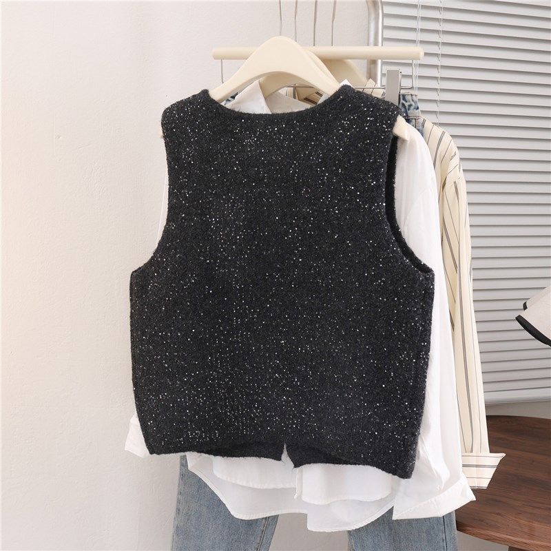 休闲时尚毛衣女背心秋冬季新款灰色亮片开衫针织马甲无袖叠穿马夹