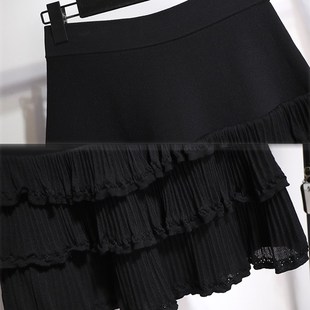 针织半身裙女秋冬黑色半裙短款裙子百褶蛋糕裙今年流行裙子花苞裙