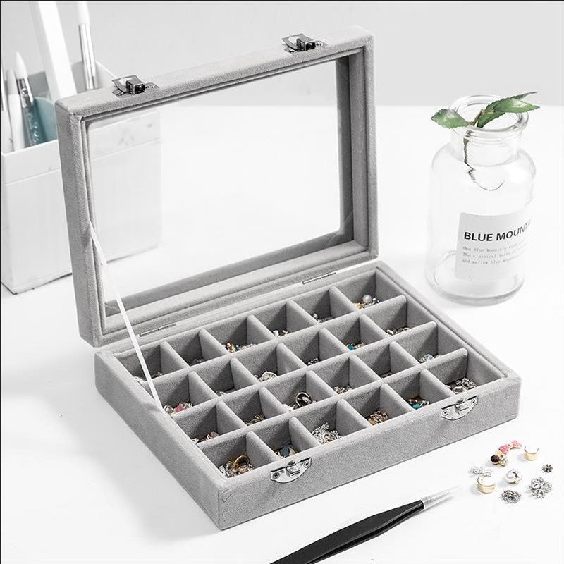 耳钉耳夹收纳收藏盒戒指珠宝箱美甲饰品钻盒带玻璃展示格子整理盒