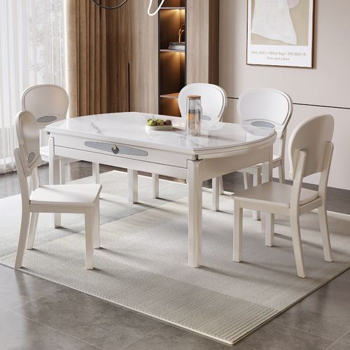 简约光感流晶石全实木餐桌椅岩板木轨家用桌子方圆两用可折叠