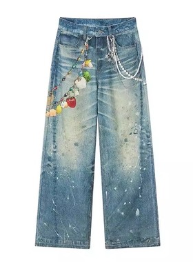 【周深同款】Sofitte 蓝色链条吊坠做旧泼墨3D潮流牛仔裤男女同款