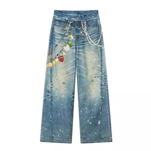 【周深同款】Sofitte 蓝色链条吊坠做旧泼墨3D潮流牛仔裤男女同款