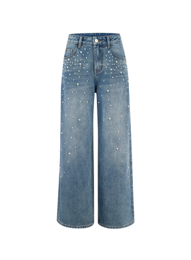 【刘些宁同款】Three Quarters 25AW蓝色牛仔手工钉珍珠女牛仔裤