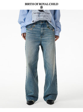 【品牌直发】BIRTH OF ROYAL CHILD BORC 手缝宝石牛仔裤直筒水洗