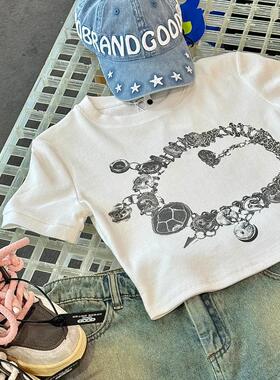 GOODBRAND fine jewelry 美式复古辣妹绵软紧身短款印花圆领T恤夏