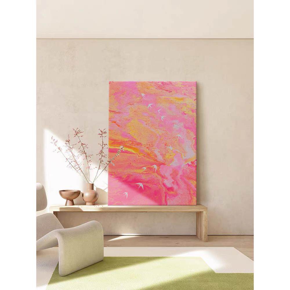 抽象燕子肌理手绘油画奶油风客厅装饰画粉色飞鸟女孩房间玄关挂画