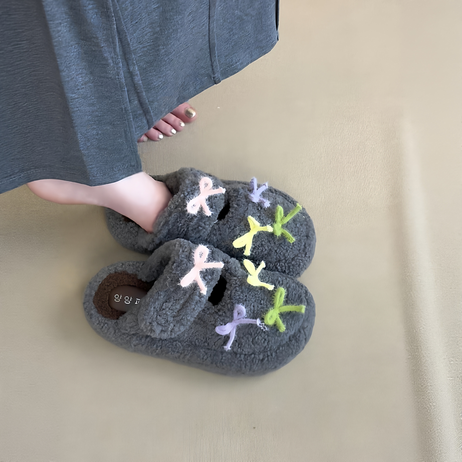 灰色棉拖鞋女款冬季厚底防滑毛绒茸茸可爱室内家居保暖鞋2025新款